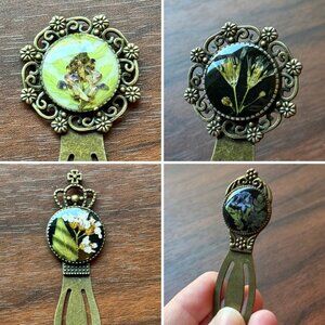 Filigree Bookmarks with Artisan Pressed Flowers in Resin and Brass